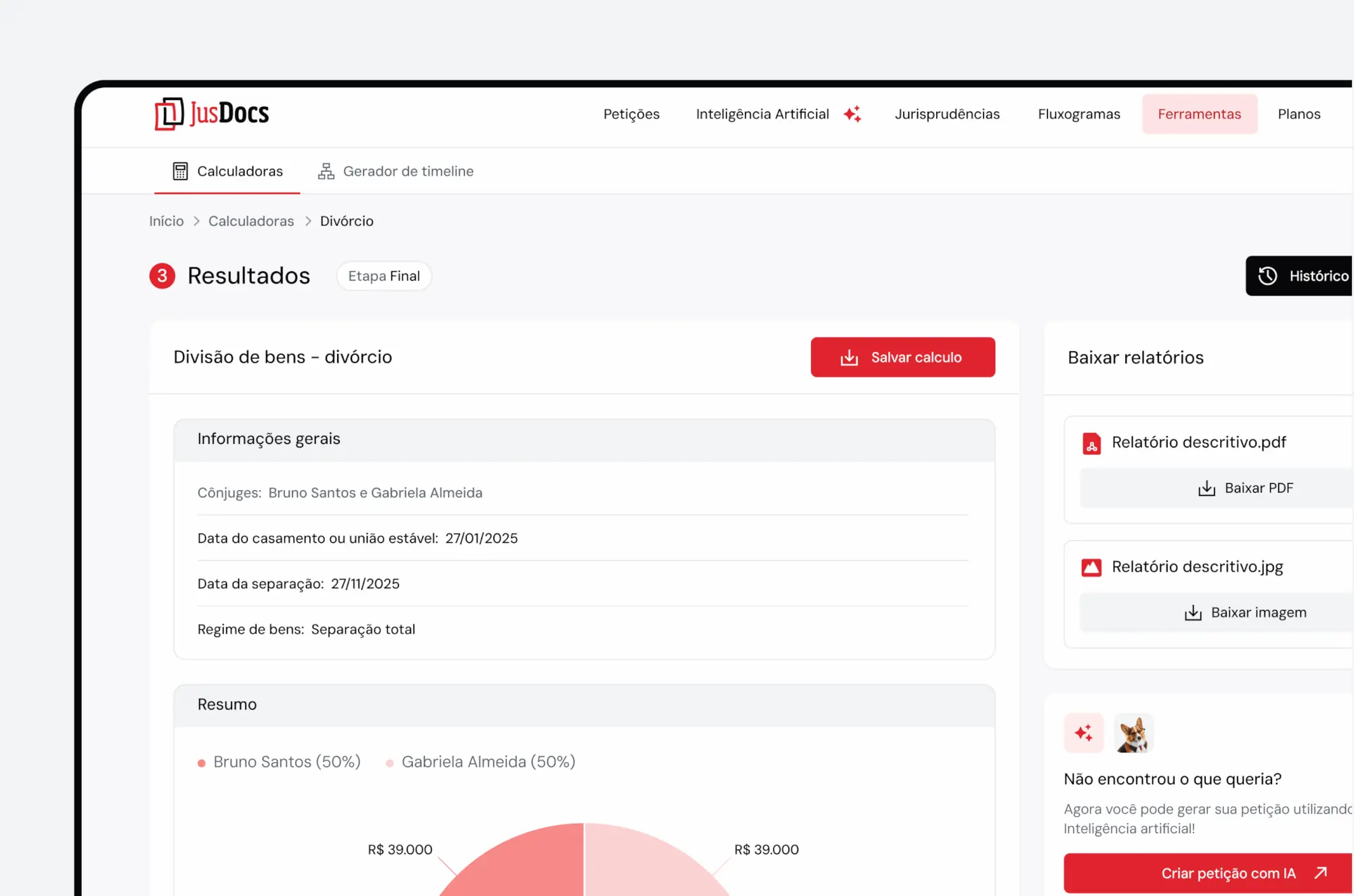 Demonstração da calculadora jurídica JusDocs em funcionamento