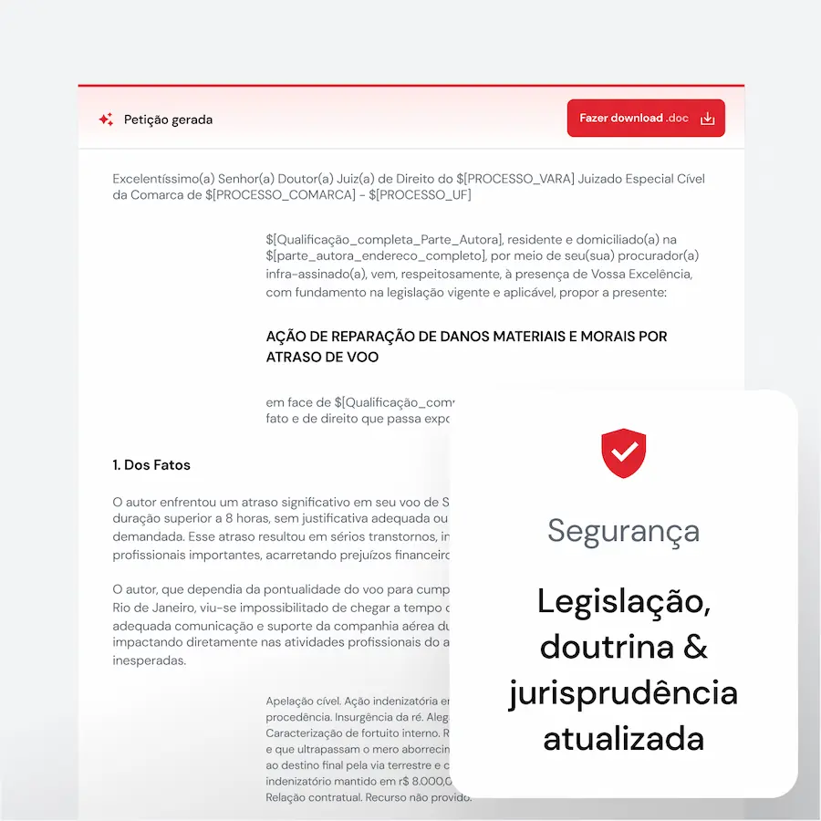 A imagem mostra uma interface de geração de petições iniciais com destaque para a segurança, legislação, doutrina e jurisprudência atualizada, oferecendo opções para download em formatos .doc