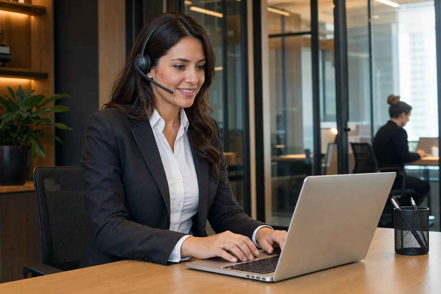 Advogada da equipe JusDocs atende pelo headset enquanto usa o notebook